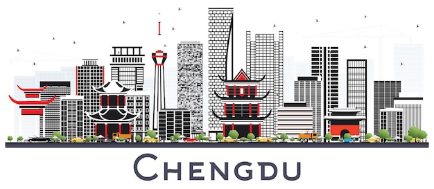 Chengdu China Skyline with Gray Buildings Isolated on White. Vector Illustration. Business Travel and Tourism Concept with Modern Architecture. Chengdu Cityscape with Landmarks.