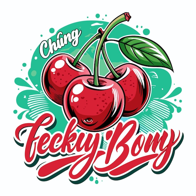 Cherries on a Green Background with Funky Text