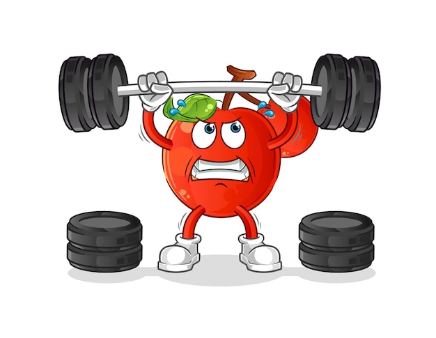 Cherries lifting the barbell character cartoon mascot vector