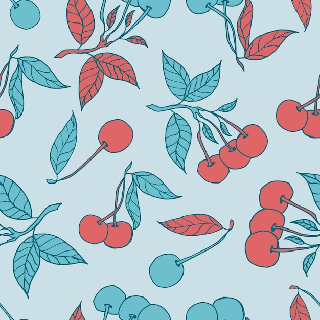 Cherries seamless pattern design Beautiful tropical berries background Tropical fruits and leaves