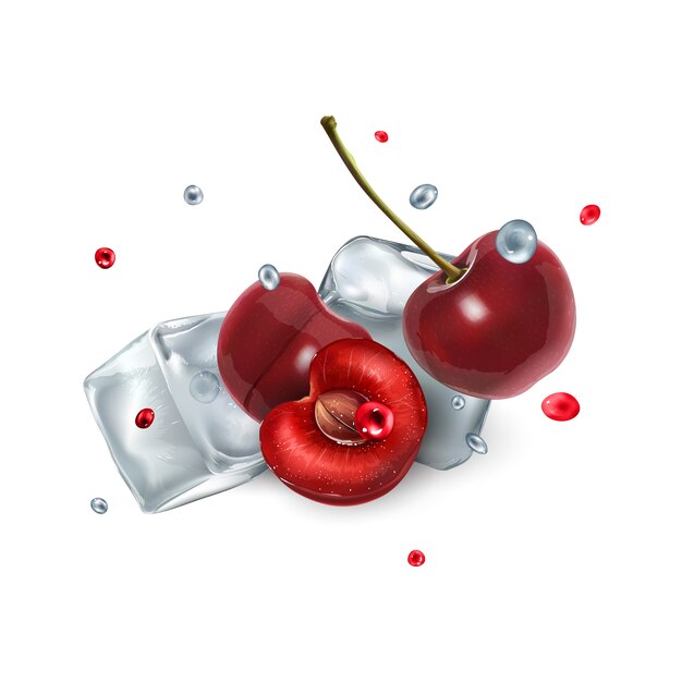 Vector cherry berries with ice cubes and droplets of water and juice