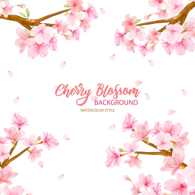 Cherry blossom background with hand drawn flowers