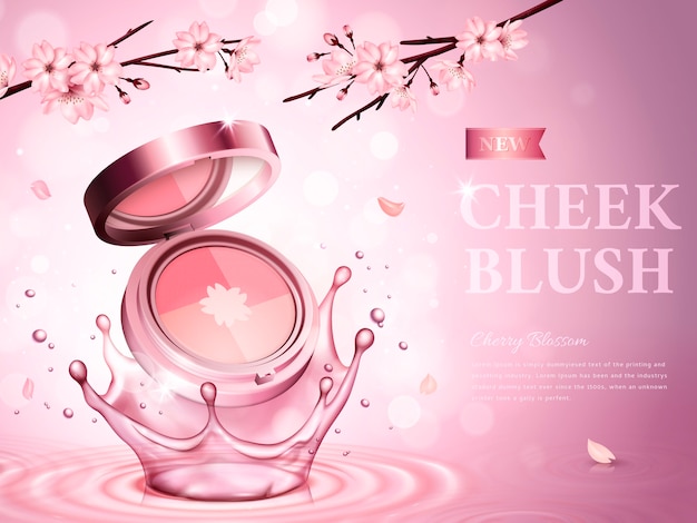 cherry blossom cheek blush contaed a cosmetic case, with romantic flowers, pink background 