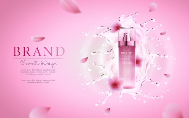 Cherry blossom cosmetic with water splashing for promotional pink poster template