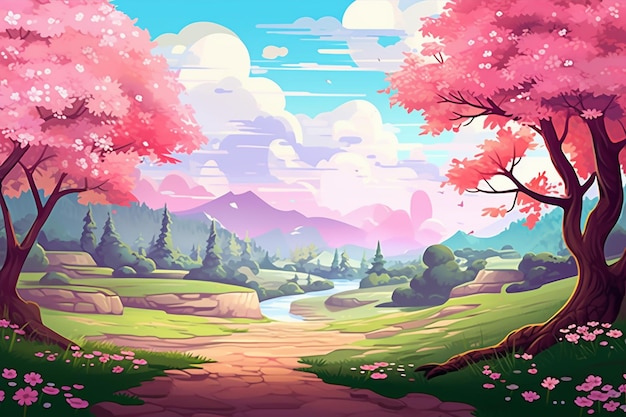 Vector cherry blossom road with trees in mountains