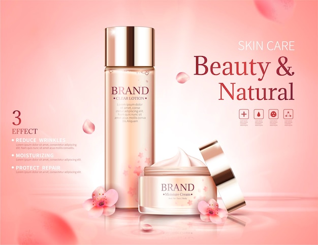 Cherry blossom skin care banner with flying petals in 3D style