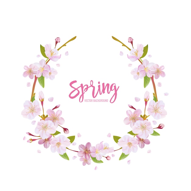 Cherry Blossom Spring Background with Floral Wreath