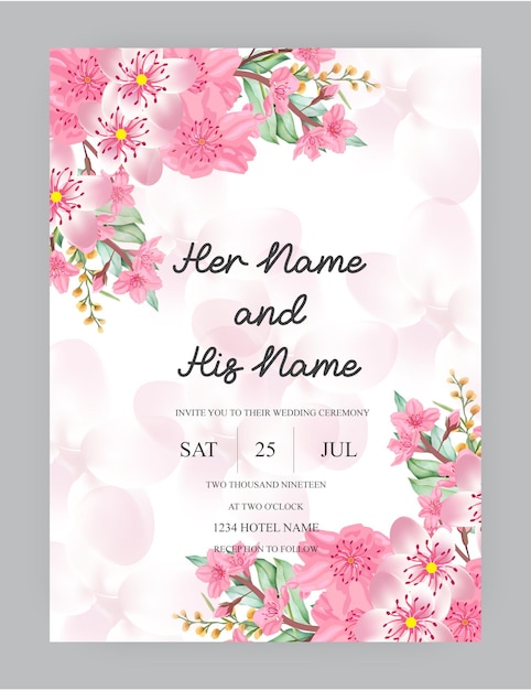 cherry blossom wedding invitation with beautiful flower  templet design