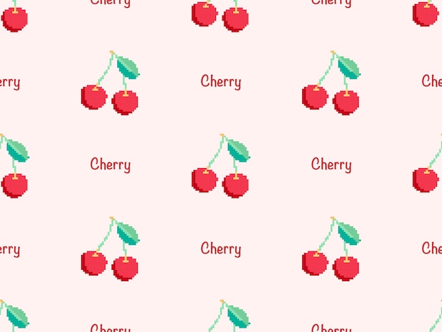 Cherry cartoon character seamless pattern on pink background Pixel stylex9