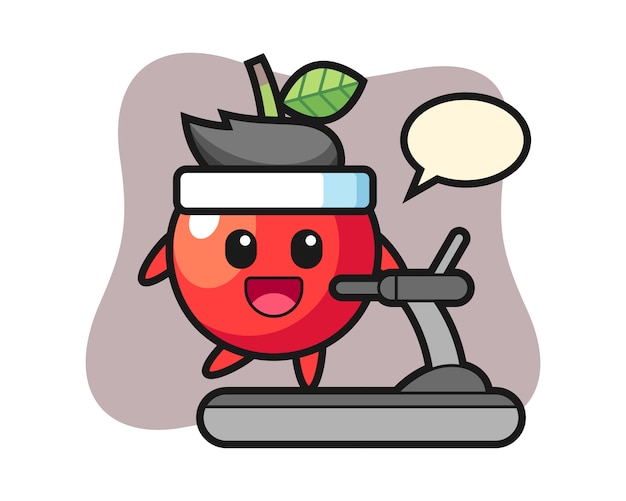 Cherry cartoon character walking on the treadmill, cute style design  