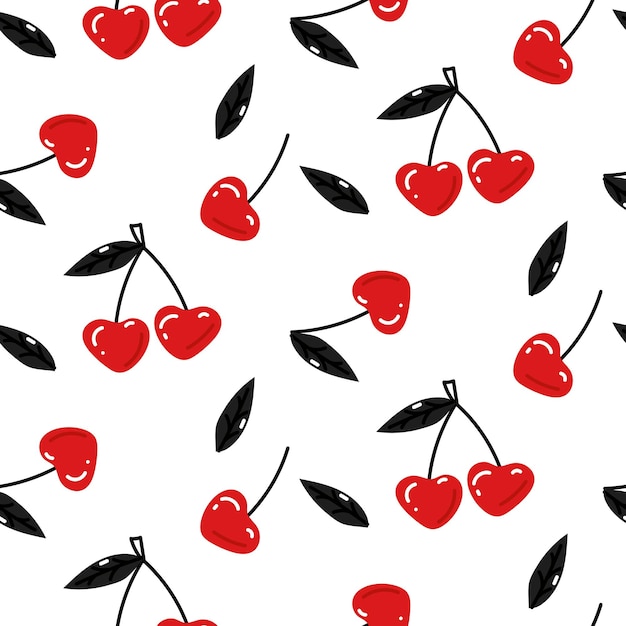 Cherry doodle pattern in black and red colors Valentines Day Seamless pattern with cherry fruits