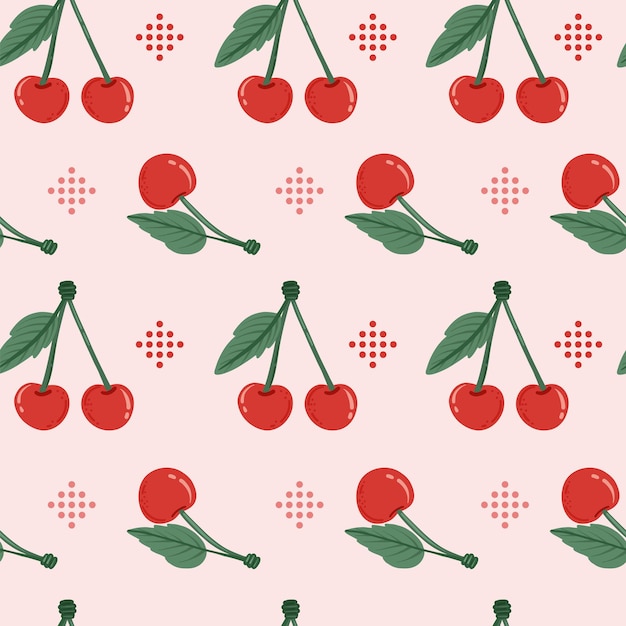 Cherry fruit seamless pattern Cherry in cartoon style repeated backdrop Whole fruit and cut half