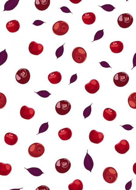 Cherry fruits seamless pattern with red violet leaves