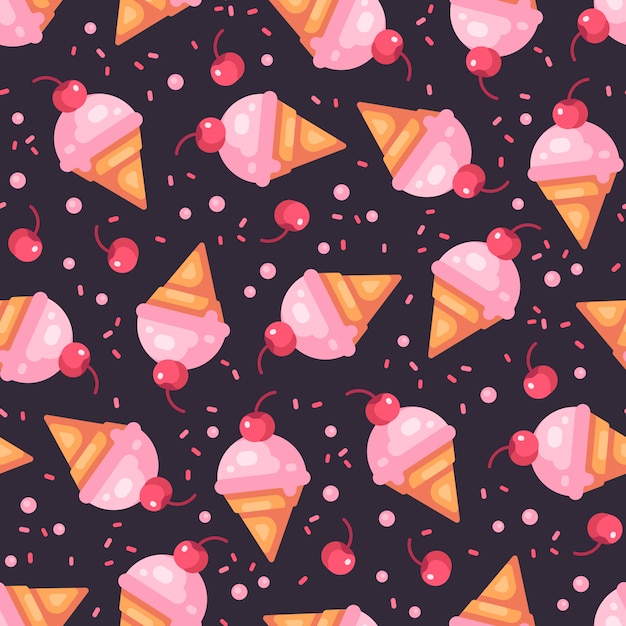 Cherry ice cream cone dark seamless pattern