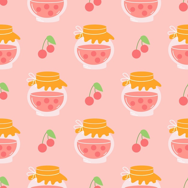 Cherry jam in glass jar on pink background vector seamless pattern in flat hand drawn style