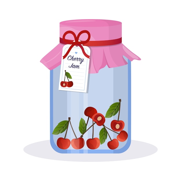 Cherry jam in jar Cherry confiture Vector food illustration in cartoon flat style Breakfast