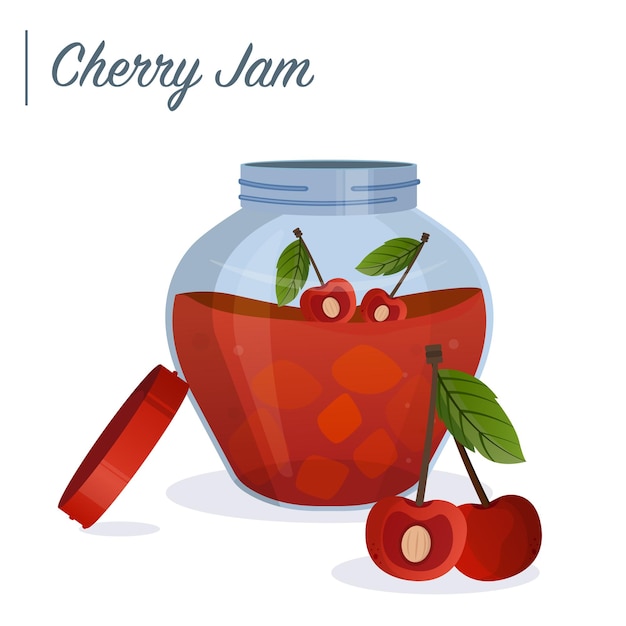 Cherry jam in jar Cherry confiture Vector food illustration in cartoon flat style Breakfast