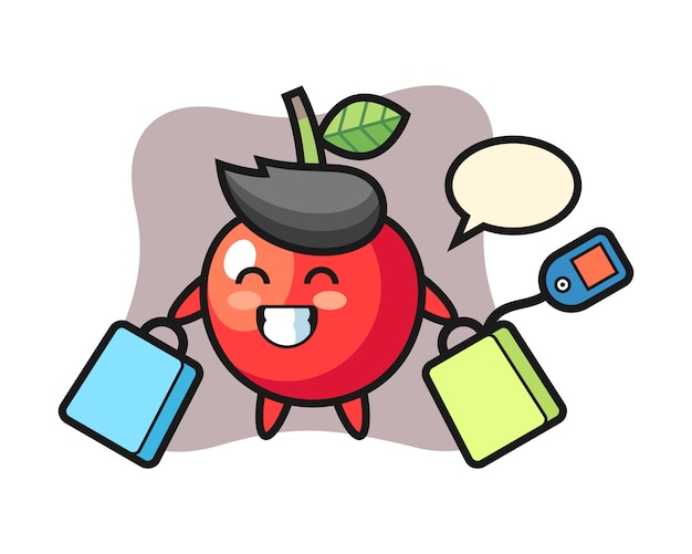 Cherry mascot cartoon holding a shopping bag, cute style design  