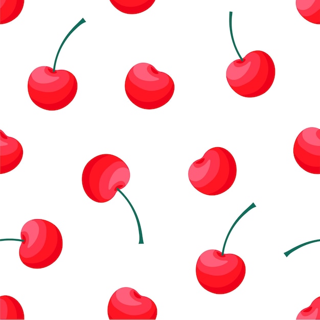 Cherry seamless pattern cartoon vector illustration Red cherries with tail isolated drawing on white backgroundx9