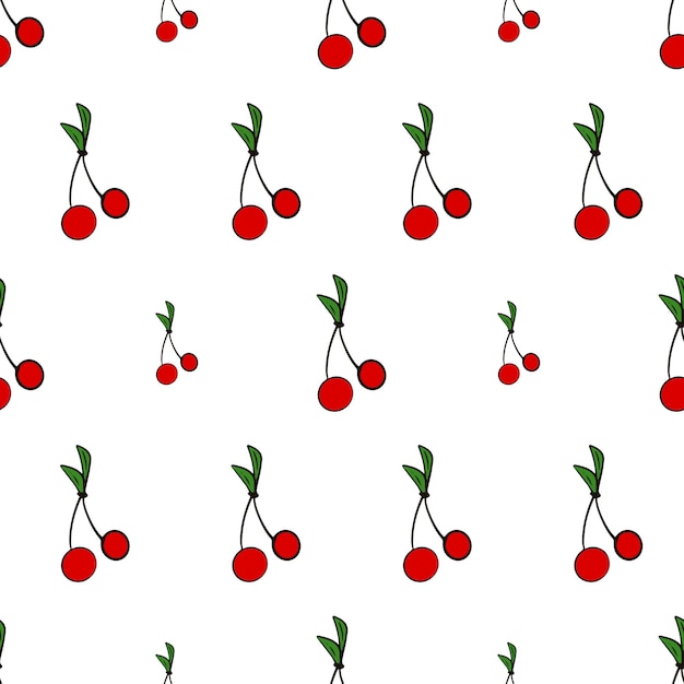 Cherry seamless pattern. Cherries with green leaves isolated on white background. Good for backgrounds and postcards. Vector icon