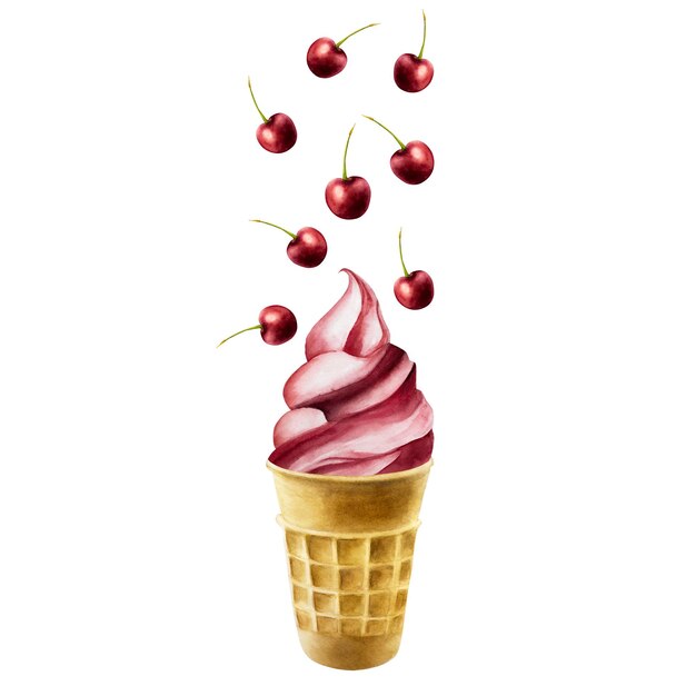 Vector cherry soft ice cream with flying berries in crispy waffle cone hand painting sweet watercolor ill