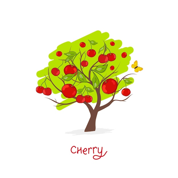 Cherry tree with green leaves and ripe cherries on a white background Doodle Handdrawn