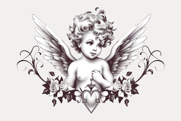 Vector cherubic angel with floral wings