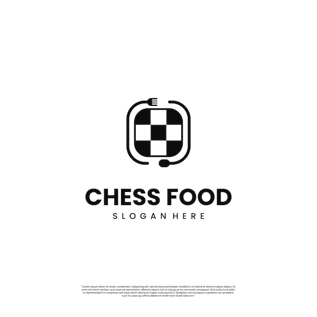 Chess food logo design icon template chessboard combine with fork and spoon logo concept