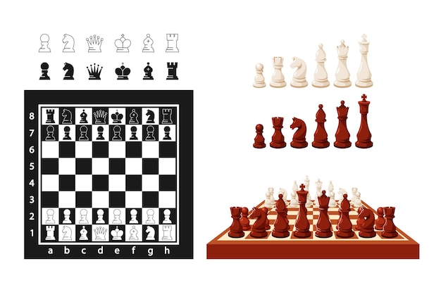 Chess Game Pieces On Chessboard Figures King Queen Rook Knight Bishop Pawn Isolated On White Background