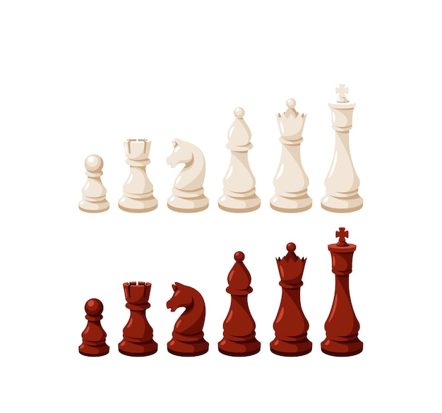 Chess Game Pieces Stand in Row White and Brown Figures King Queen Rook Knight Bishop Pawn Isolated On White