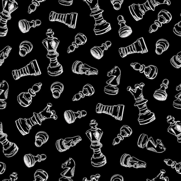 Chess pieces black and white seamless pattern Sketch Vector handdrawn background