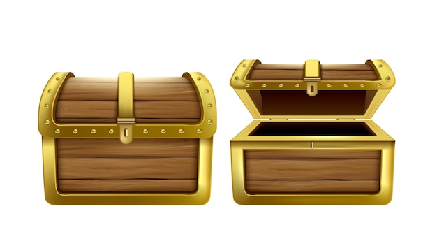 Chest Closed Open Wooden Container For Money Vector Vintage Close Wood And Metallic Chest Box For Storage Pirate Hidden Treasures Crate Safe For Savings Template Realistic 3d Illustration