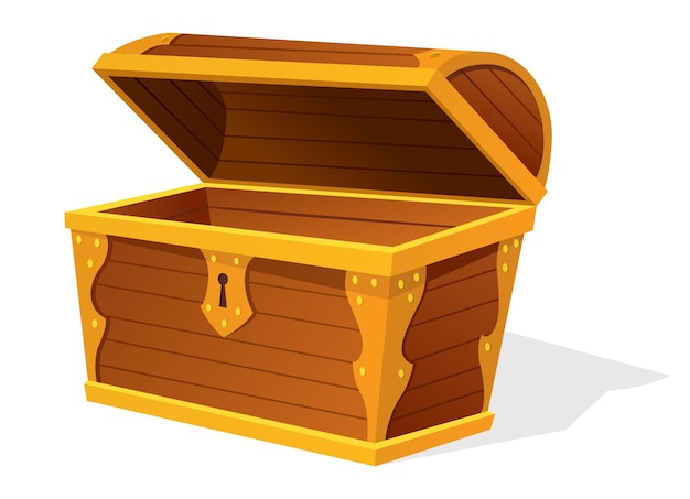 Chest Empty old wooden chest for gold treasure Cartoon ancient container for pirates isolated vector icon on white Game wooden antique box for treasure