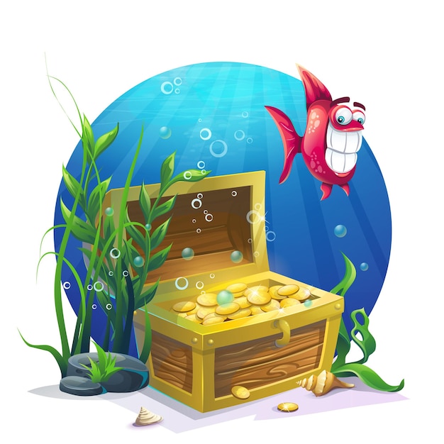 Chest of gold and fish in the sand underwater - vector illustration