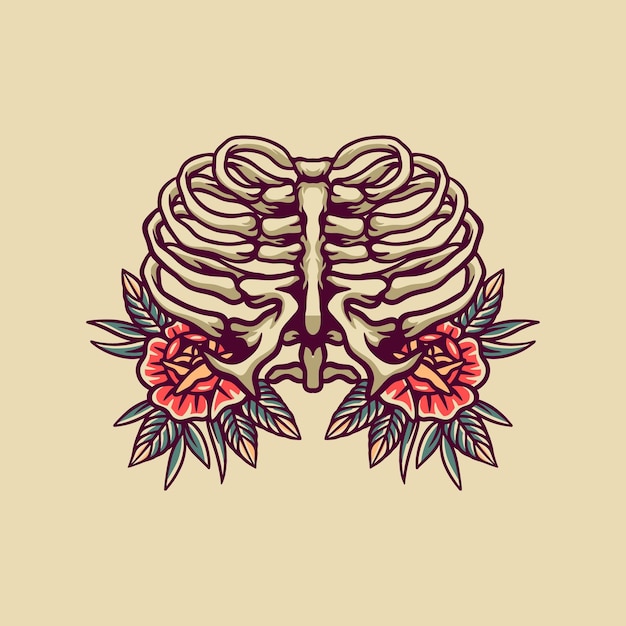 Chest Skull And Rose Retro Illustration