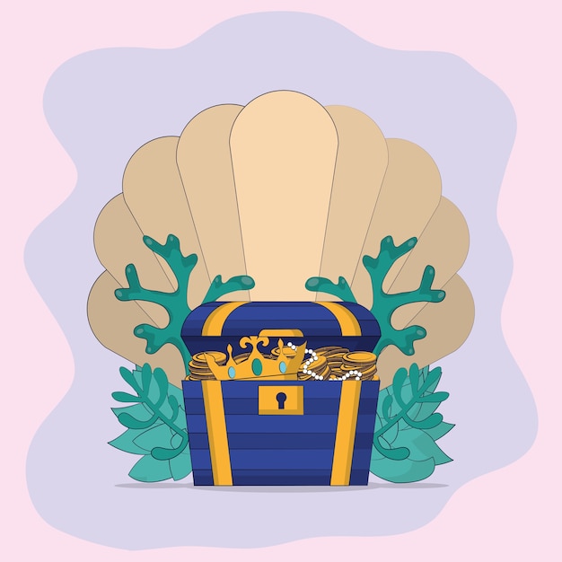 Vector chest with shell and seaweed cartoons vector illustration graphic design