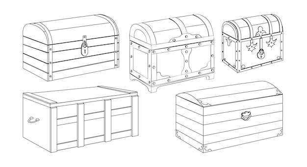 Chests linear icons set Simple badges with wooden vintage chests Storage and wardrobe