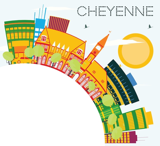 Cheyenne Skyline with Color Buildings, Blue Sky and Copy Space. Vector Illustration. Business Travel and Tourism Concept. Image for Presentation Banner Placard and Web Site.