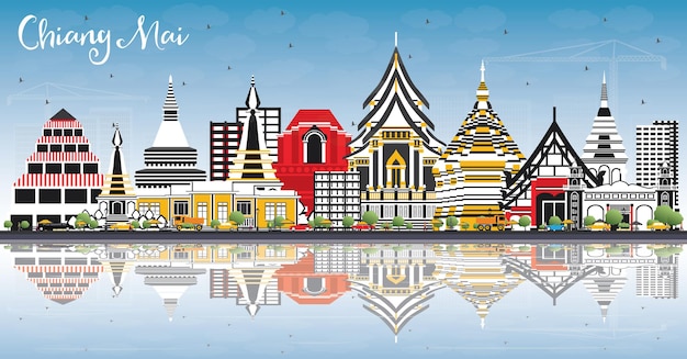 Chiang Mai Thailand City Skyline with Color Buildings, Blue Sky and Reflections. Vector Illustration. Business Travel and Tourism Concept with Modern Architecture. Chiang Mai Cityscape with Landmarks.