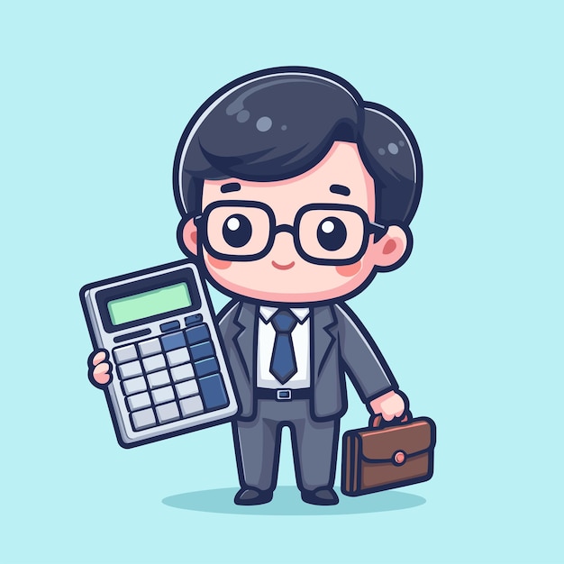 Vector chibi accountant cartoon character of a man holding a calculator in his hand