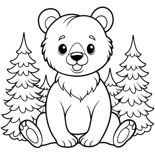 Vector chibi cute kawaii baby grizzly bear sitting in the forest coloring pages for kids cozy coloring