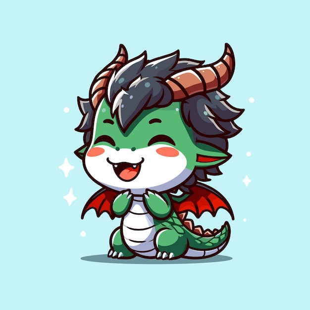 chibi cute kawaii cartoon dragon with a green skin and horns on his head