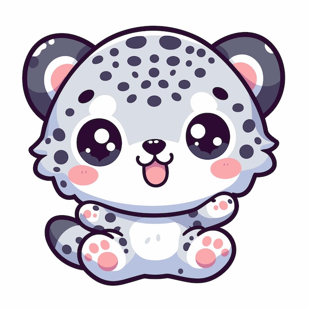 chibi cute kawaii drawing of a snow leopard cartoon with a black nose and pink paws