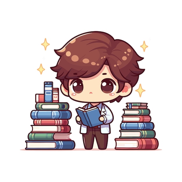 Vector chibi cute kawaii librarian boy holding a book in his hand