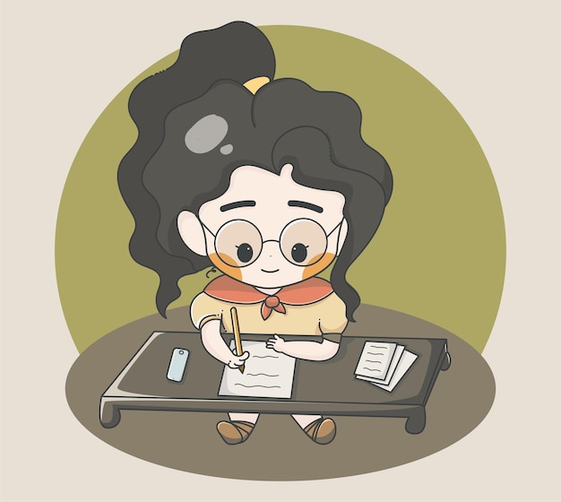 Chibi girl student studying with pen and paper in her tablexDxA