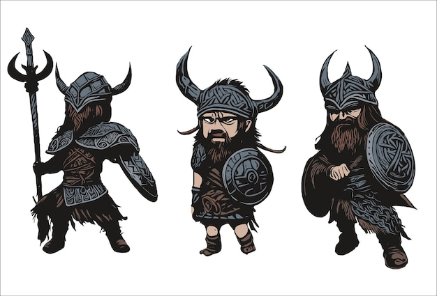 Chibi Vikings in armor and helmets with horns