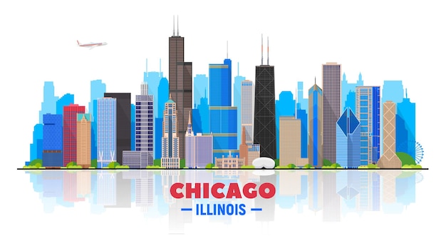 Chicago skyline on a white background Flat vector illustration Business travel and tourism concept with modern buildings Image for banner or web site