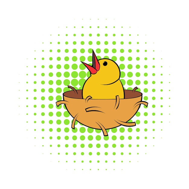 Chick in nest icon in comics style on dotted background Spring and bird symbol