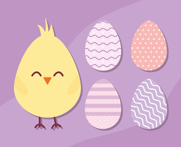 chick and set of easter eggs vector illustration design