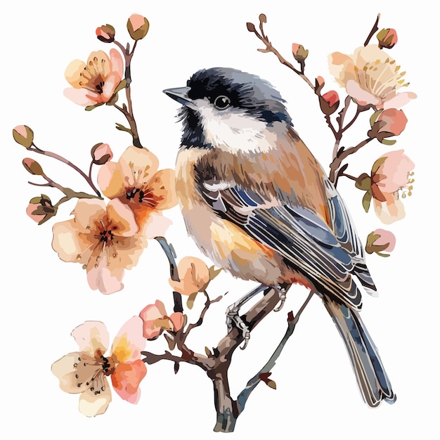 Chickadee Floral Handdrawn Watercolor Illustration